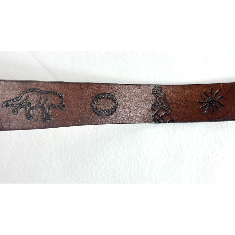Peru Belt Brown Leather Embossed Celestial Animal Motifs Silver Buckle 58" - Picture 4 of 15